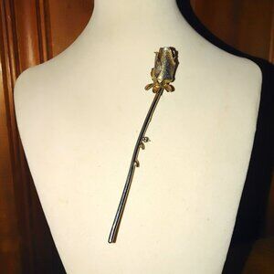Long Stem Rose Brooch Pin Vintage Gold Tone Elegant Flower  Floral 6 Inch